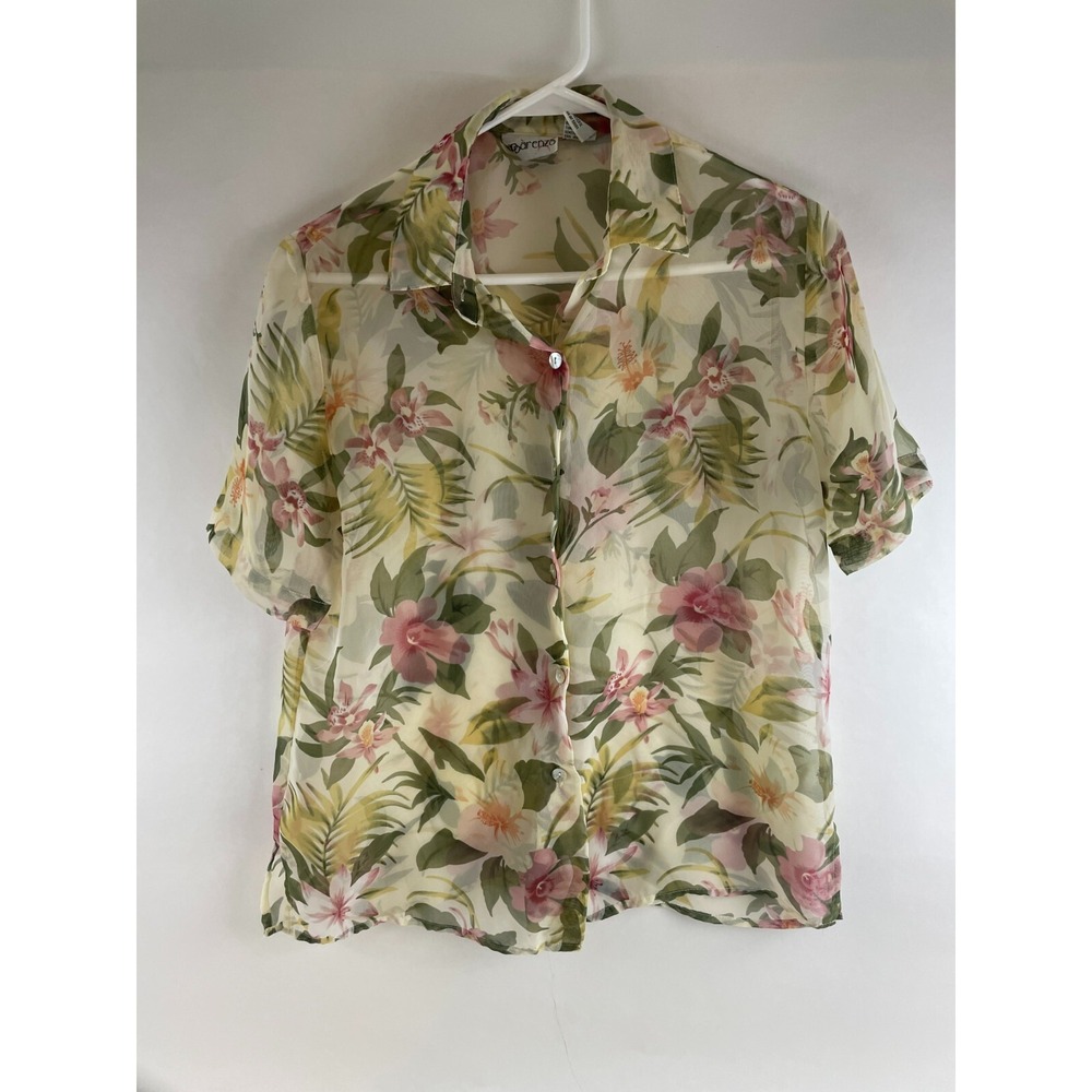 Apparenza Shirt Women's Size Small Cream Tropical Floral Button Up Semi-Sheer